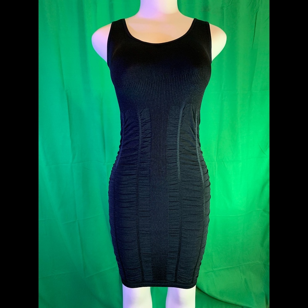 Body-con black seamless ladies long tank top dress.
